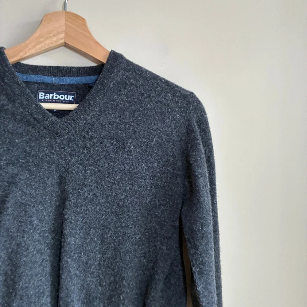 Barbour Essential Lambswool V Neck Sweater S Charcoal Grey Mens Wool Knit